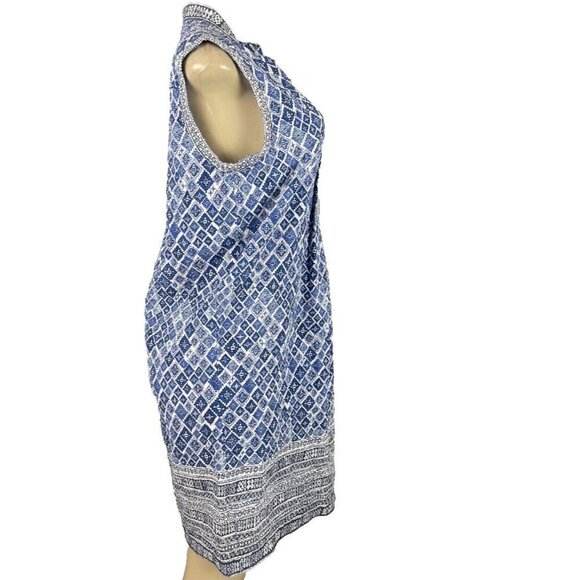 Studio M S Blue Geometric Print Split Neckline Mandarin Collar Sleeveless Dress - Picture 5 of 6